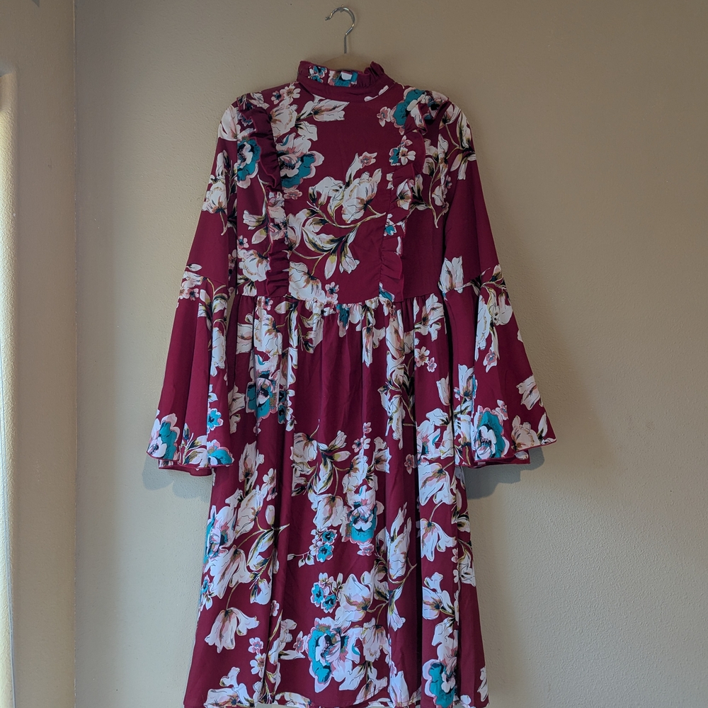 Red A-line Midi Dress with Bell Sleeves and Mock Neck